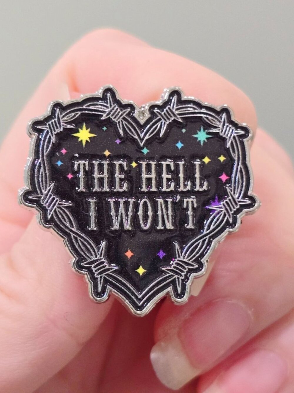 Artisan The Hell I Wont Barbed Wire Barp Sparkle Heart Enamel Pin Gothic Gift